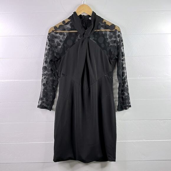 KAREN MILLEN Black Mesh Polka Dot Below Knee Polyester Long Sleeve Dress Size 10 - Picture 1 of 11
